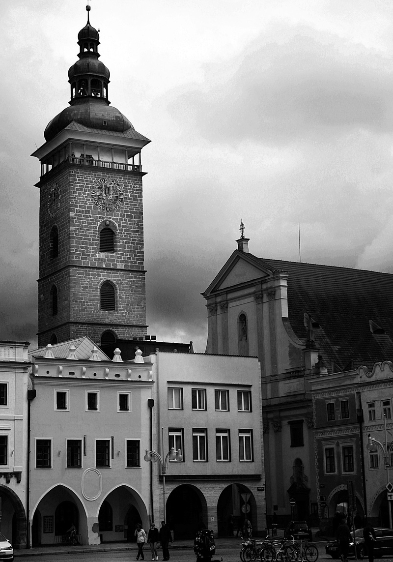 českě české budějovice, cloud - sky, day, 2K, arch, tower, black tower, sky, low angle view, black and white, clock, building, paving, city, street, city ​​center