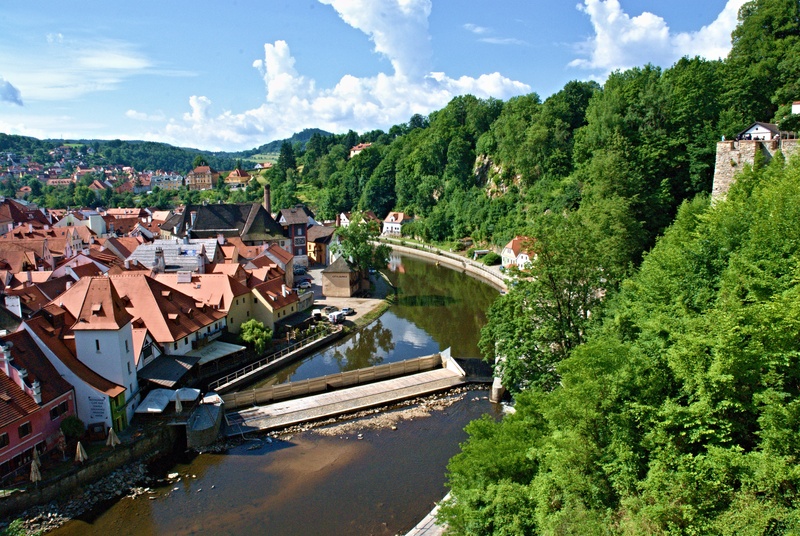 trees, growth, city, czech krumlov, nature, sky, house, high angle view, outdoors, no people, cloud - sky, day, old town, building, tree, river, plant