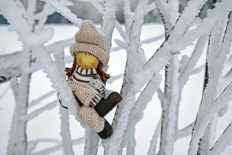 brown, no people, 4K, land, human representation, doll figure, funny, outdoors, snow, hat, plant, girl, sweet, tree, cold temperature, rag, branch, sitting