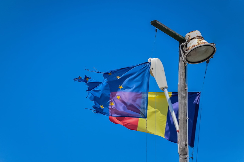 swing, sky, ragged, multi colored, blue, sunny, low angle view, pole, clear sky, yellow, wave, sign, flag, 1080P, light, romania, outdoors, no people