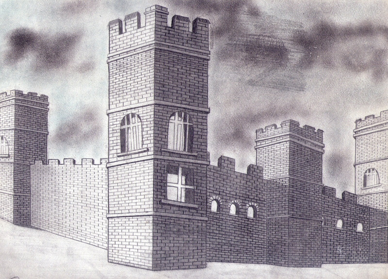 low angle view, skyscraper, cloud - sky, building exterior, castle, 2K, pencils, digital composite, textile, drawing, travel destinations, city, black