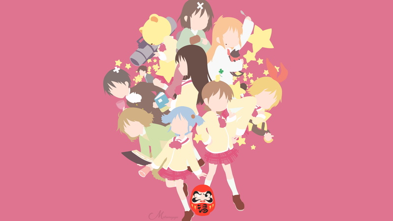 colored background, copy space, holding, adult, multi colored, pink color, women, 1080P, anime, studio shot, togetherness, Nichijou, positive emotion