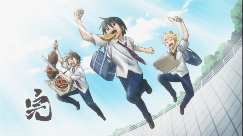 Yoshitake Tanaka, sunlight, sky, people, arms raised, jumping, mid-air, cloud - sky, Danshi Koukousei no Nichijou, positive emotion, vitality, limb, happiness