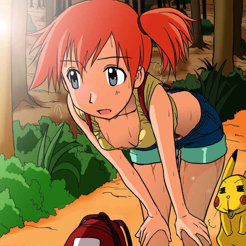 misty, hd, Pikachu, downblouse, foliage, wet, art, anime, 720P, x, pokemon