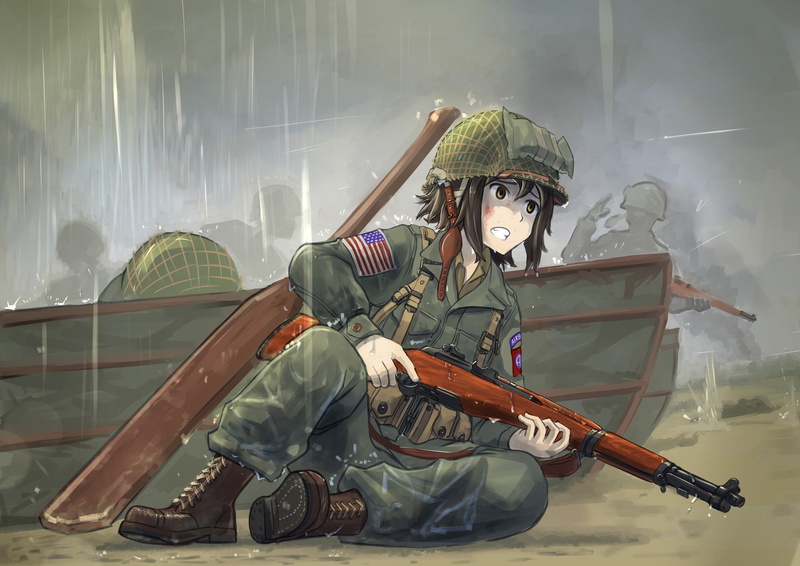 front view, original characters, anime girls, protection, lifestyles, occupation, casual clothing, young men, sitting, uniform, anime, World War II, holding
