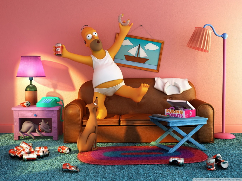 full length, home interior, electric lamp, 720P, carpet - decor, furniture, pillow, sitting, table, Homer Simpson, seat, male likeness, The Simpsons, figurine