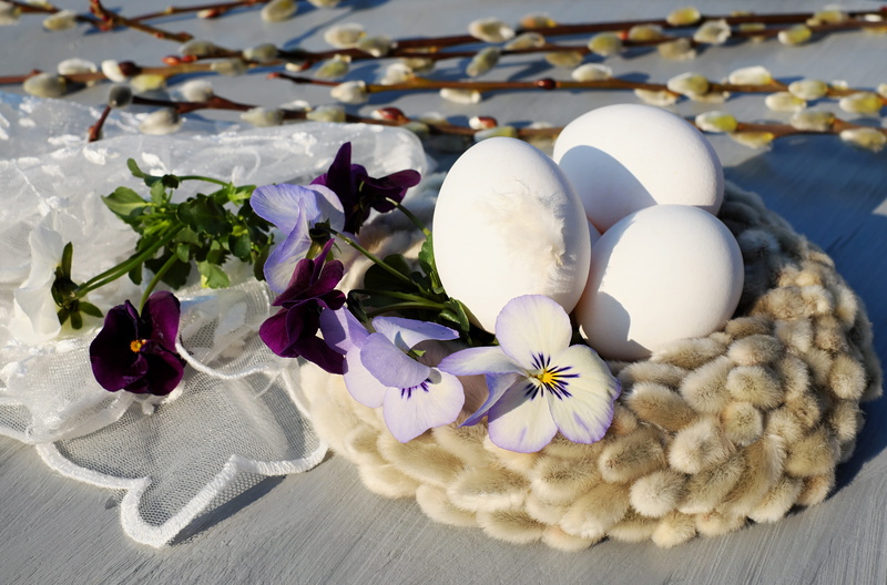 flower arrangement, purple, outdoors, vulnerability, flowering plant, 4K, holiday, fabric, egg, easter nest, pansy, beauty in nature, customs, fragility