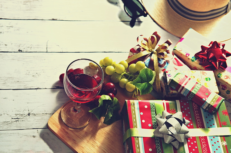 present, new, fruit, drink, ribbon - sewing item, happy, wooden, container, glass, brown, anniversary, valentine, high angle view, decorative, surprise