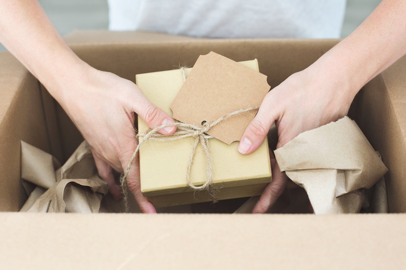indoors, one person, Gifts, tied bow, 4K, paper, packing, brown, Box, photo, women, hand, close-up, bow, Shipping, holding, gift, box - container, human body part