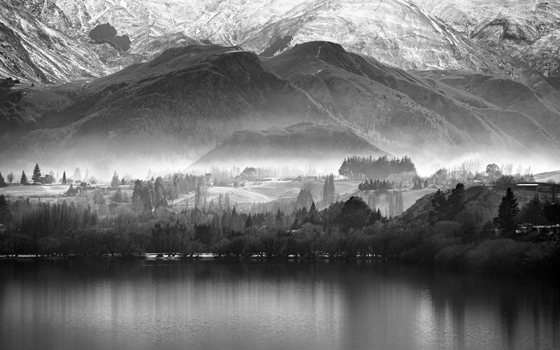 nature, mountains, fog, idyllic, black, monochrome, village, no people, rug, beauty in nature, mountain range, water, scenics - nature, tranquility, lake