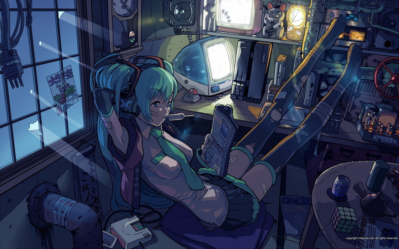 Blue, tights, vocaloid, windows, hatsune, hd, popsicles, miku, headphones, art, tie, bandaids, anime, 1080P, hair, banda, technology, computers, green