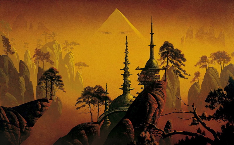 tranquility, beauty in nature, non-urban scene, clear sky, growth, history, fantasy art roger dean temple cliff pyramid trees eyes, plant, sunset, 720P