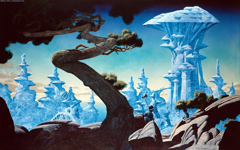 720P, roger dean knight digital art fantasy art nature trees branch rock castle