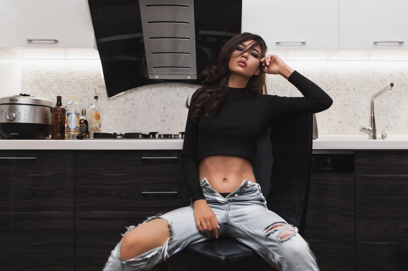 1080P, women skinny sitting looking at viewer pants torn jeans unbuttoned