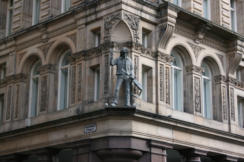 travel destinations, building exterior, mathew street, 4K, architectural column, arch, statue, no people, daytime, john lennon, liverpool, hard days night hotel