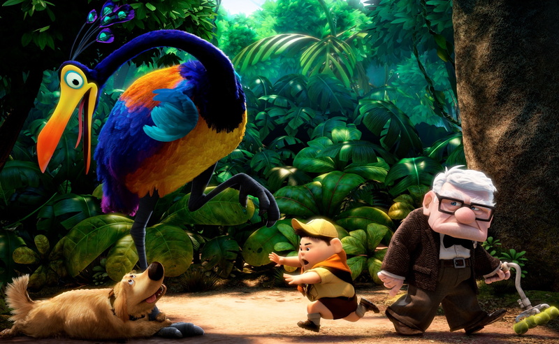 group of animals, outdoors, computer-animated comedy-adventure film, 2K, movie, real people, vertebrate, Up, animal wildlife, multi colored, tree, parrot