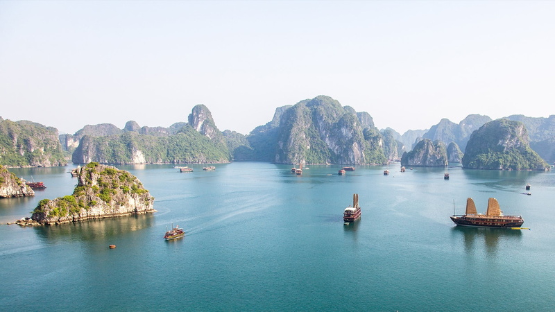 bay, island, Vietnam, mountains, 1080P, Halong Bay, nature, boat, landscape, water