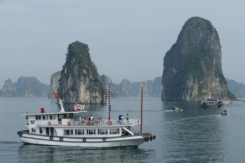 water, halong bay, sky, nautical vessel, white, day, mountains, sea, world natural heritage, unesco, daytime, landscape, waterfront, scenics - nature, real people