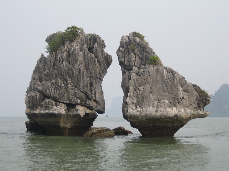 sky, landscape, non-urban scene, clear sky, tranquil scene, coastline, kissing rocks, vietnam, sea, two, island, nature, gray, scenics - nature, beauty in nature