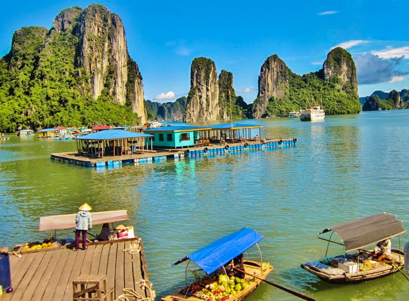 vietnam, moored, land, floating market, transportation, scenic, mountains, beach, restaurant, beauty in nature, sea, day, ships, rocks, halong bay, travel