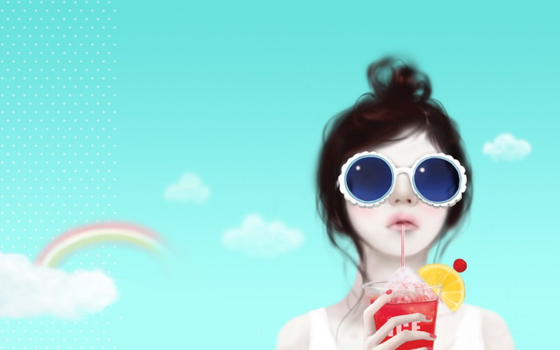 refreshment, fashion, drinking, drink, young adult, colored background, holding, glasses, sunglasses, headshot, pretty girl images 2560x1600, 2K, food