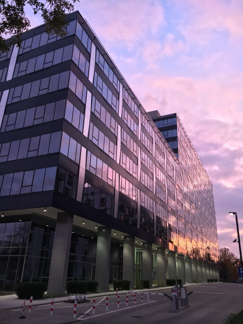 glass - material, architecture, big city, block, façades, skyscrapers, sunset, city, blokowisko, glass, window, building exterior, day, the walls of the
