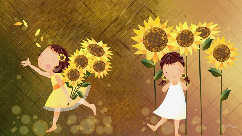 sunflower, 3d and abstract, autumn, 1080P, whimsical, cute, bokeh, scattering, fall, sunflowers, children, girls, petals