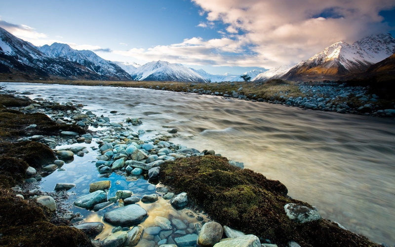 national, capped, white, stone, blue, beautiful, new, clouds, park, 2K, hd, mountains, sky, bed, mount, snow, cook, zealand, river