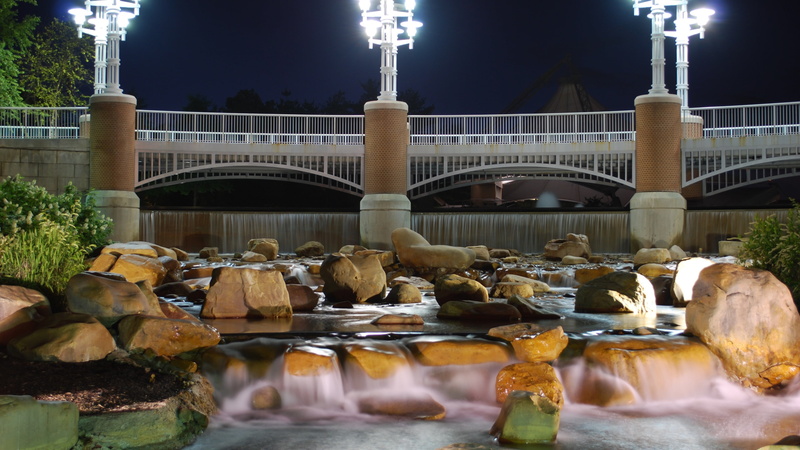 motion, fountain, city, no people, waterfront, built structure, architecture, outdoors, connection, water, illuminated, river, stream, bridge, 4K, flowing water