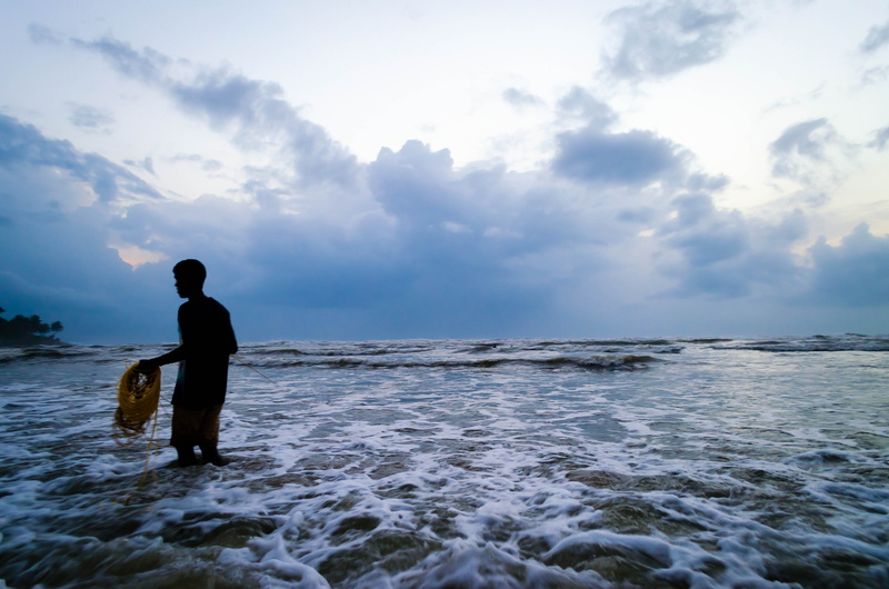 4K, one person, leisure activity, murdeshwar, standing, horizon over water, beach, nature, water, fisherman, outdoors, fish, cloud - sky, horizon, scenics - nature