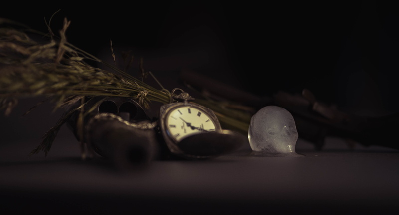 studio shot, challenge, dark, far west, skull, clock face, stilllife, grass, guns, clock, tree, black background, still life, life, minute hand
