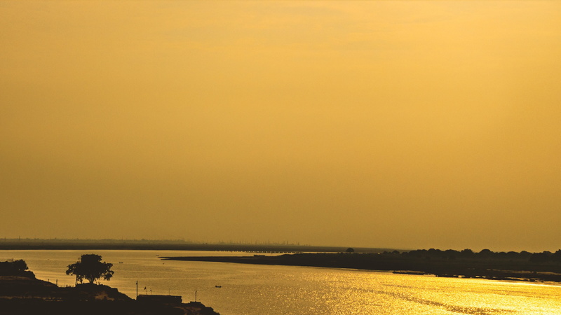 sky, non-urban scene, sun, body, environment, Ganges, dusk, Golden Hour, idyllic, copy space, India, water, Ganga, landscape, Patna, reflection, outdoor