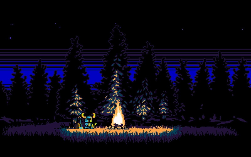 outdoors, illuminated, sky, blue, decoration, digital art video games pixel art pixels pixelated shovel knight knights trees forest field nature fire night stars vintage retro games