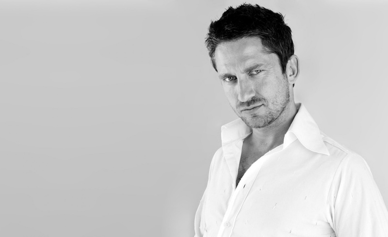 shirt, serious, actor, studio shot, portrait, beard, gerard butler, one person, copy space, Movies, Others, black and white, button down shirt, contemplation