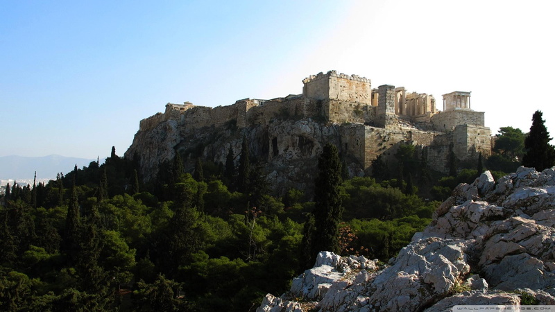 ruins, hill, greece, trees, 1080P, ancient, nature and landscapes
