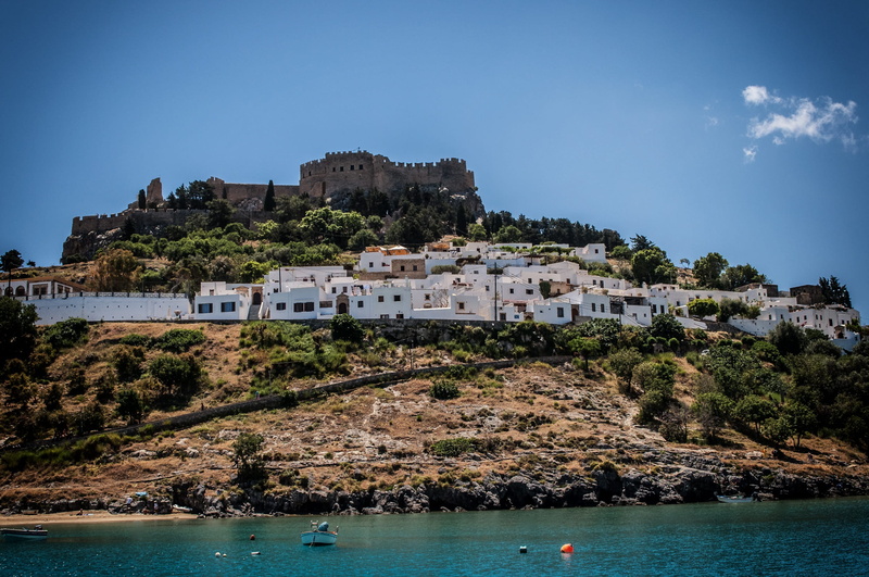 booked, no people, beach sea, waterfront, city, built structure, beautiful, lindos, acropolis, nice weather, sky, landscape, greece, residential district