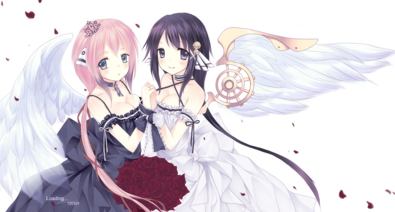 dress, otoshimono, pink, cleavage, hiyori, sora, flowers, black, ikaros, hair, rose, petals, 720P, kazane, wings, verjuice