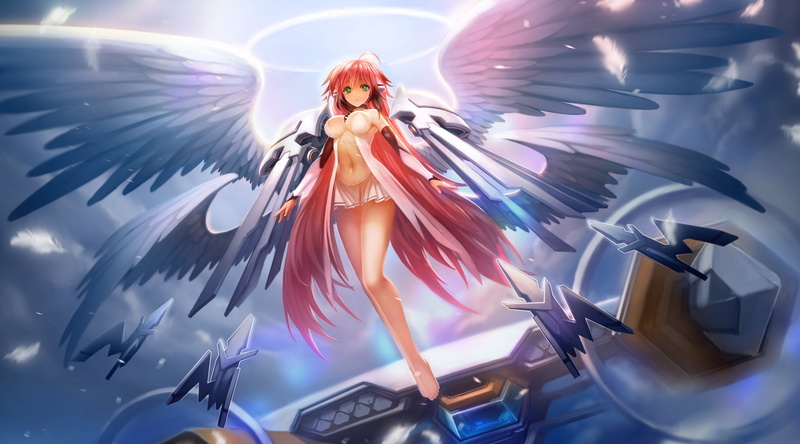 no bra, anime girls, Ikaros, Sora no Otoshimono, anime, wings, 5K, cleavage