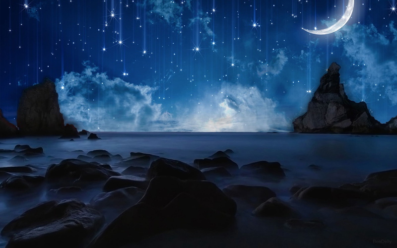 nature, rocks, 1080P, night, stones, stars, moon, ocean, hd