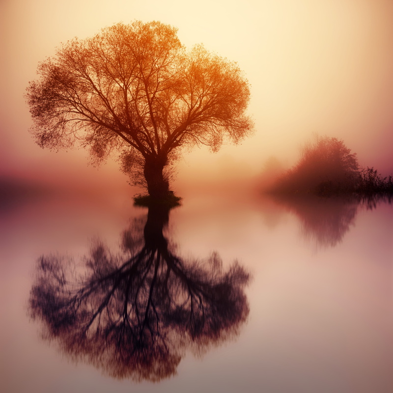 tranquility, foggy, tranquil scene, reflections, orange color, dawn, water, fog, tree, sky, non-urban scene, quiet, romantic, colourless, mirroring, bank