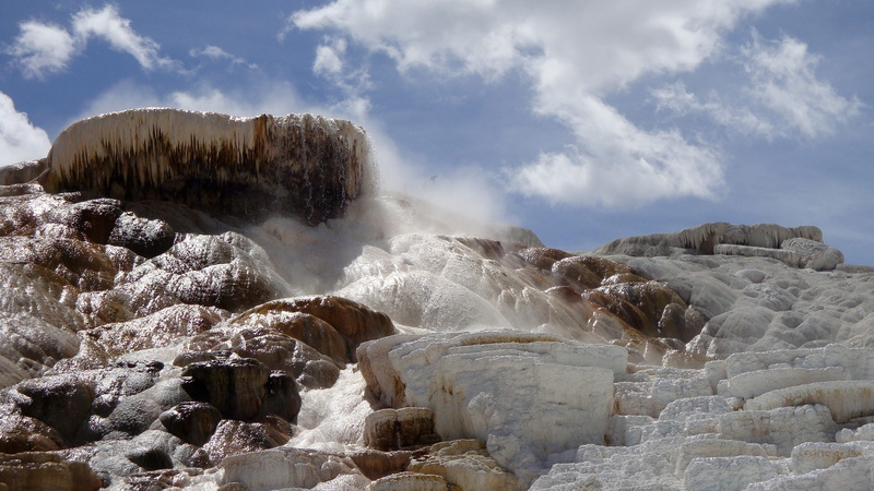 united states, travel destinations, 2K, rock - object, National Parks, steam, mammoth hot springs, sky, no people, beauty in nature, nature, rock, physical geography