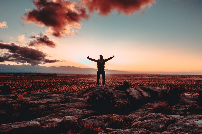 4K, sea, standing, red, human arm, man, sunset, raising, cloud - sky, male, freedom, sky, arms outstretched, solid, rock - object, nature, arms raised