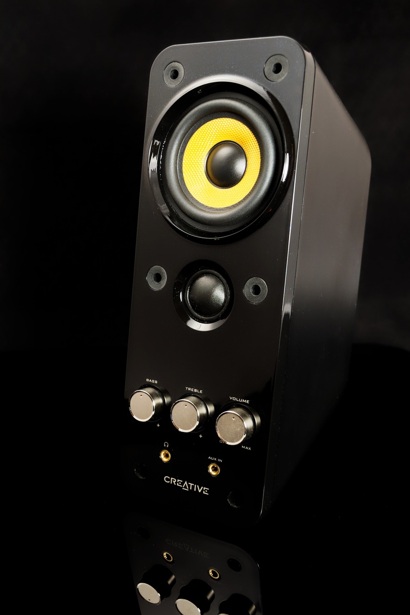 control, pc speakers, black color, technology, silver colored, black background, bass, box, high angle view, push button, tweeter, arts culture and entertainment