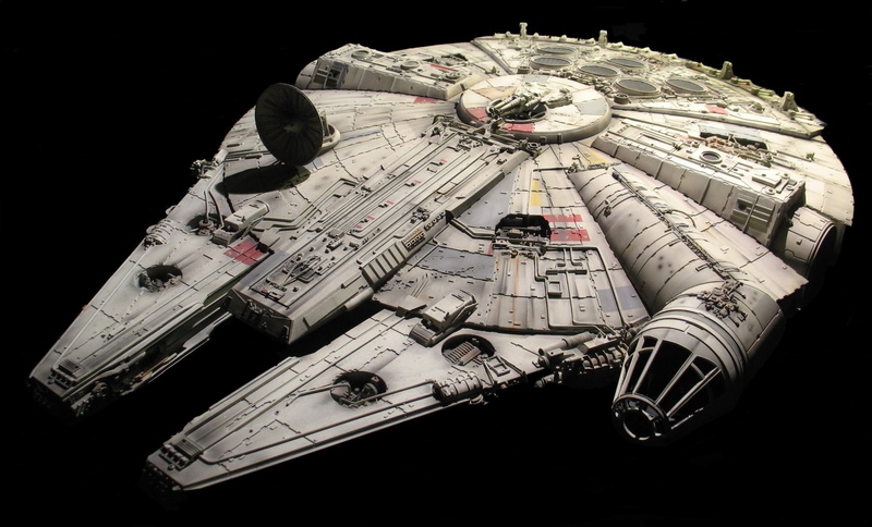 medium group of objects, studio shot, no people, 2K, the past, star wars millennium falcon, industry, close-up, still life, black background, high angle view