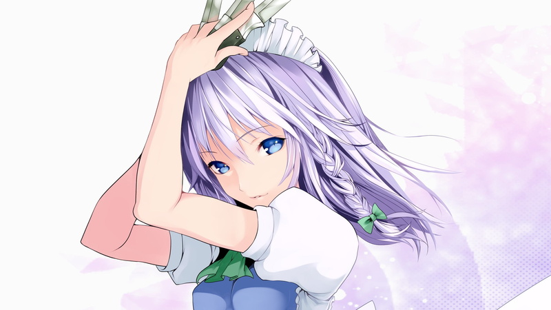 knives, weapons, 1080P, maids, bows, izayoi, blue, video, band, ornaments, sakuya, braids, eyes, hair, close up, long, faces, touhou, white, games