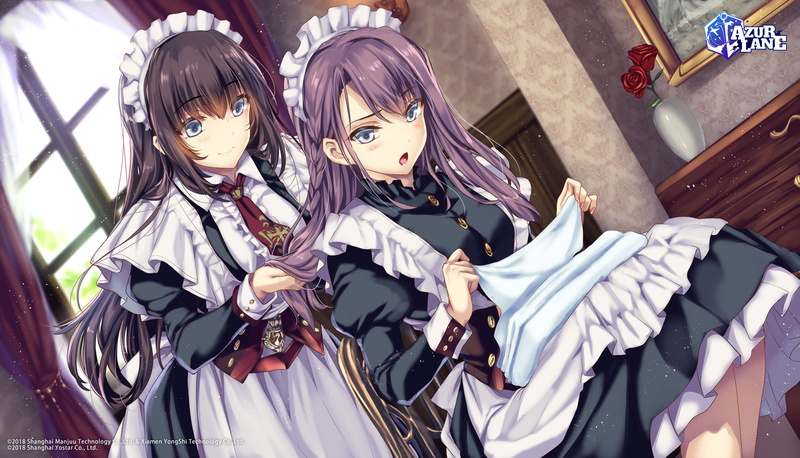 window, digital art, head band, purple hair, anime, 2K, open mouth, sitting, anime girls, bangs, maid outfit, artwork, braided hair, long hair, smiling
