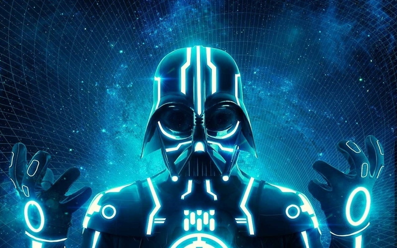 glowing, human body part, human skull, digital composite, Darth Vader, illuminated, disguise, technology, front view, connection, fan art, mystery, crossover