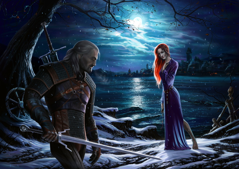 5K, illustration, King-Slayer, casual clothing, White Wolf, Gwynbleidd, rpg, people, White One, geralt, girls, women, purple, the moon, clothing, nature
