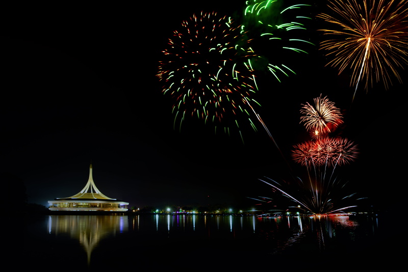sky, travel destinations, nightlife, firework display, river, exercise, thailand, celebration, architecture, kingdom hall, firework - man made object, no people
