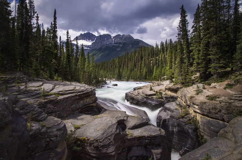 mountain, land, remote, rock, scenics - nature, tranquility, cloud - sky, waterfall, flowing, coniferous tree, pine woodland, tranquil scene, Mistaya Canyon